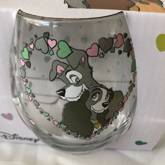 Disney Stemless Wine Glass Set Lady & The Tramp Set of 2 NEW - Picture 8 of 9